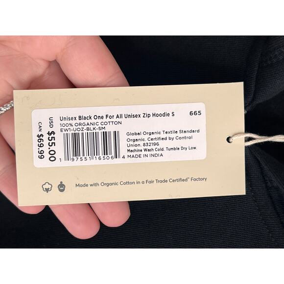 Pact One For All Organic Cotton Long Sleeve Full Zip Hoodie Black Unisex Size S - Picture 6 of 9